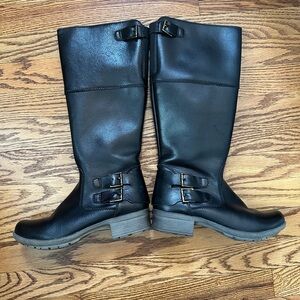 Knee High Clarks Black Leather Buckle Heeled Boots